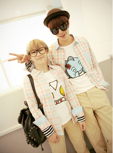  春装新款韩版格子衬衫女长袖 英伦风格子衬衫粉蓝衬衣情侣款