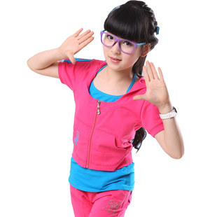  星逸童装夏装新款女童韩版短袖套装 中大儿童休闲运动三件套