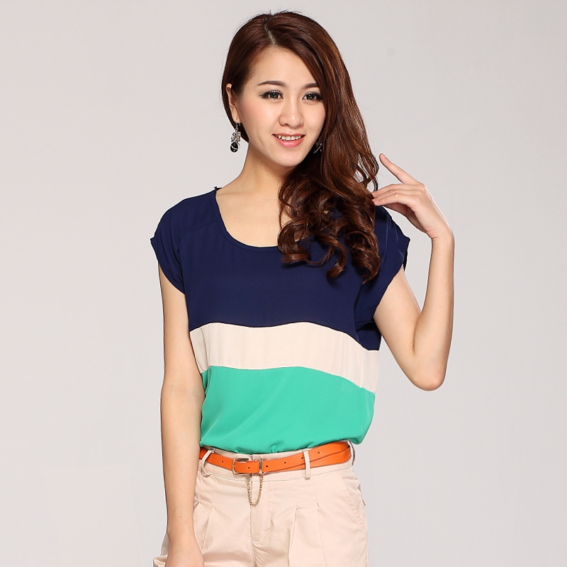 韩版撞色拼接短袖t恤...