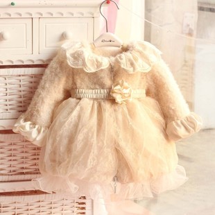 婴儿冬季加厚棉袄礼服 韩版女宝宝周岁蕾丝毛