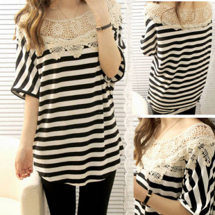  简约复古田园春夏新款女装 斗篷式蕾丝拼接蝙蝠袖横条T恤