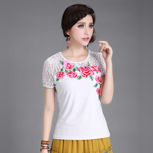  夏装新款刺绣t恤民族风女装中国风上衣蕾丝拼接修身短袖t恤女