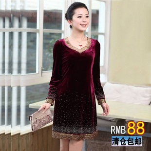 <em>天天特价</em>大码<em>中老年</em>服装金丝绒连衣裙中年<em>女装</em>