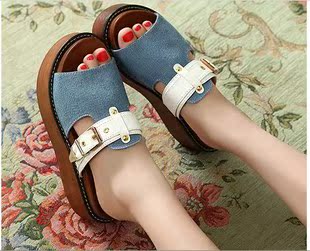  夏季新款韩版牛仔布搭扣凉拖鞋甜美厚底松糕坡跟女鞋一字拖