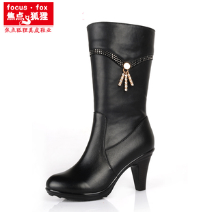  冬款真皮女靴 高跟骑士靴 中筒真皮靴 简约水钻保暖靴子 棉靴