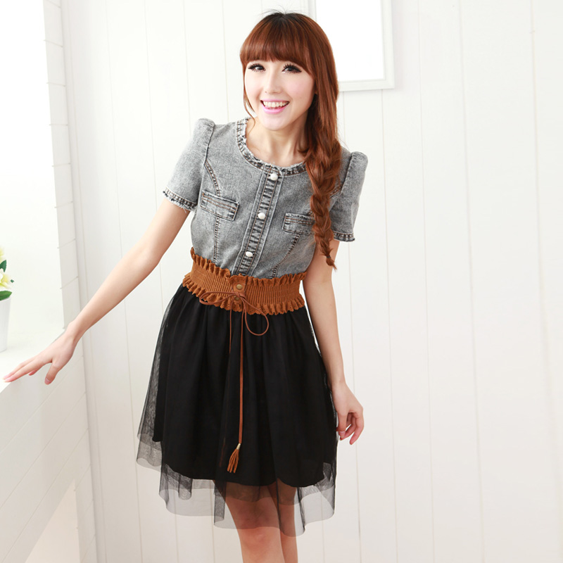 女装泡泡短袖牛仔拼接...