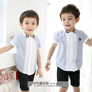  夏装新款童装男童英伦学院风儿童礼服假两件短袖T恤+短裤套装