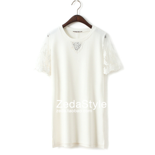  韩版刺绣树叶花边镂空蕾丝袖拼接短袖T恤 中长款圆领纯色打底衫女