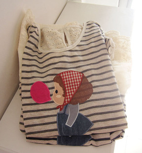  森女系 小女孩 条纹蕾丝拼接 宽松 短袖 T恤