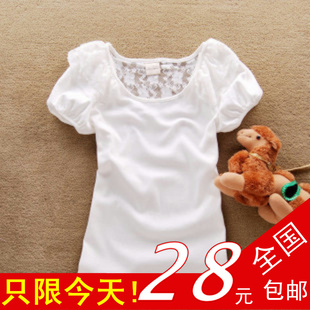  包邮 夏季新款韩版女装 圆领短袖 拼接蕾丝 修身显瘦短袖T恤