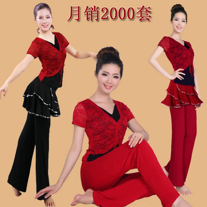 包邮舞蹈服蕾丝广场舞服装套装短袖新款拉丁跳舞衣服装健身服裙裤