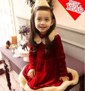  现货韩国韩版童装女童红色金丝绒加厚儿童圣诞新年礼服连衣裙F13
