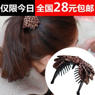 韩国正品新款豹纹布艺蝴蝶结韩版发饰头饰发夹竖夹抓夹香蕉夹