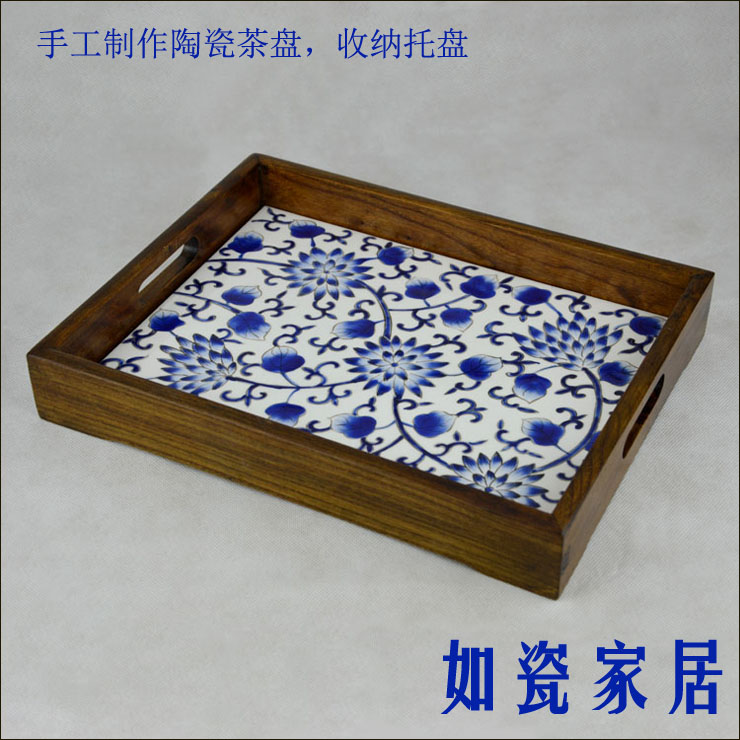玻璃杯托盘复古手绘长方形陶瓷榆木实木茶具茶盘酒店传菜盘卫浴盘|ruв категории посуда, чайный сервиз, чайный поднос - от Buy2taobao.com для оказания профессиональной услуги покупки агента Taobao