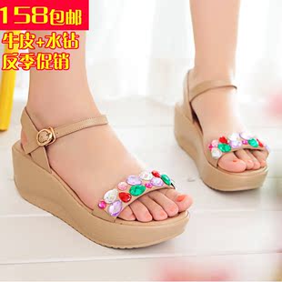  包邮 波西米亚靓丽大水钻松糕凉鞋 真皮坡跟摇摇鞋 中跟牛皮女鞋