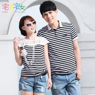  【宅男宅女情侣装】夏装新款韩版镂空蕾丝上衣拼接t恤女短袖