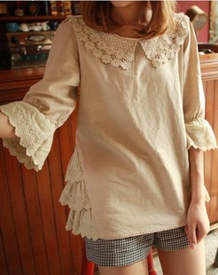  甜美森女系夏季新款蕾丝娃娃领纯色棉麻蕾丝拼接中袖T恤女 五分袖