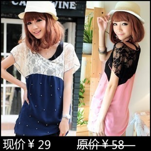  包邮夏装新品韩版女装蕾丝拼接内工字型背心两件蝙蝠衫短袖T恤女
