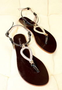  欧美罗马金属水钻低跟夹脚趾凉鞋 复古学院风脚环绑带平底女鞋潮