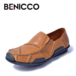  BENICCO夏季套脚休闲男鞋真皮懒人鞋豆豆鞋男士透气真皮鞋板鞋