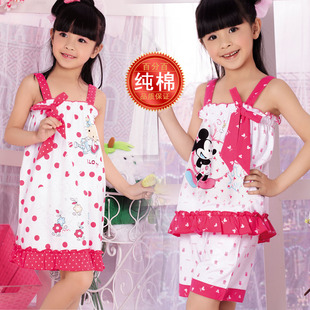  纯棉儿童睡衣女童睡裙女孩短袖裤套装大童公主全棉家居服春夏包邮