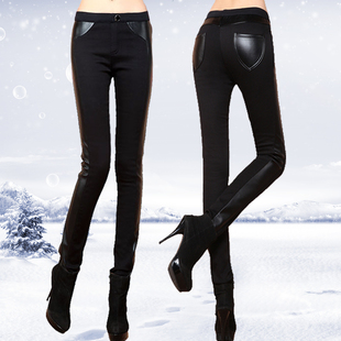  秋冬新款加绒加厚打底裤女裤显瘦小脚裤 欧美时尚拼接皮靴裤