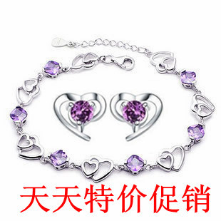  925纯银爱心双心手链 紫水晶手链 生日饰品礼物银手饰女款女士