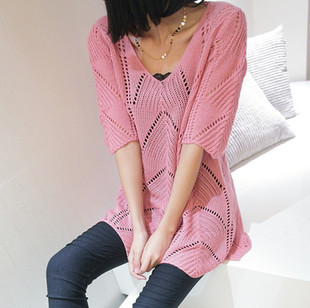 针织衫V领中袖中长...