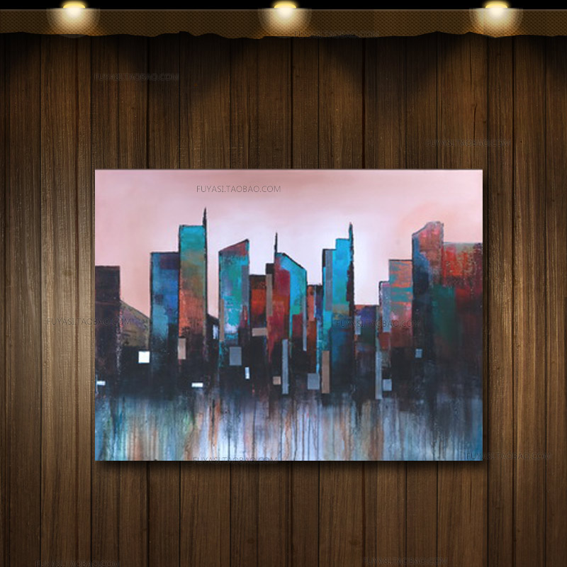 现代城市抽象装饰画意大利复古做旧艺术画铁皮画银色l线油画挂画