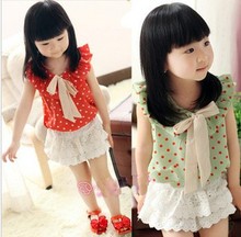 2013 summer children suit children's clothing girls chiffon T-shirt short-sleeve cotton hakama pants lace skirt