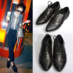  欧美英伦平底鞋夏季新款女鞋真皮鞋子尖头女布洛克鞋平跟单鞋