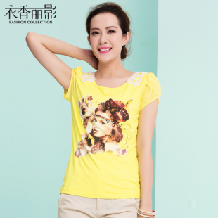  衣香丽影夏装新款潮 个性蕾丝拼接美女头像钉珠短袖修身T恤女