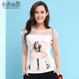  衣香丽影夏季新款 蕾丝镂空圆领短袖修身拼接T恤女9321581