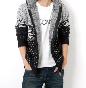  爆款男装 冬男士加绒毛衣 韩版雪花斑点连帽开衫外套 加厚针织衫