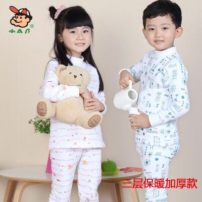 小AB内衣 加厚三层半高领保暖精梳棉毛衫裤 男女童内衣套装KB3534