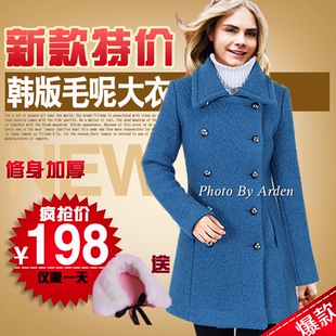  韩版新款冬毛呢外套双排扣中长款加厚修身羊毛呢欧美范大衣女