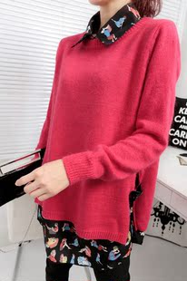  冬季新品 女 韩版复古两件套兔毛针织毛衣+翻领衬衫打底衫