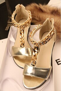  欧美风T型金属链子 复古风 舒适平跟平底拉链女士凉鞋 夏季新品潮