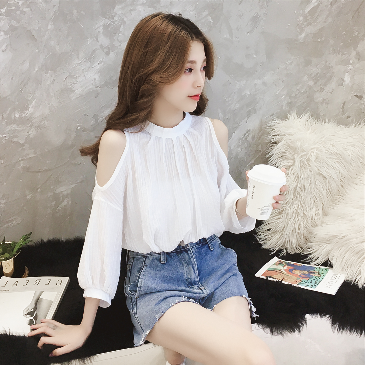 2019 Summer wear new pattern Korean Fan strapless Elbow sleeve Socket white shirt chic Versatile Easy Ultra cents jacketin the Women's clothing/Boutique , Shirt category - from Buy2taobao.com to provide professional Taobao agent buy service