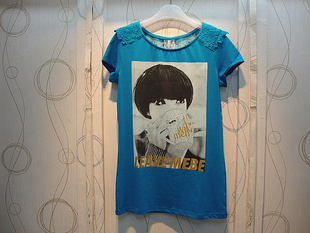  IE SHOW 夏季圆领可爱小女孩棉蕾丝拼接女装宽松短袖T恤6057