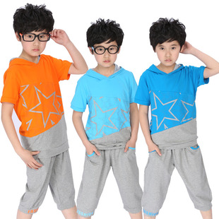  新款夏儿童套装 男童运动 大童纯棉短袖带帽T恤+七分裤两件套830