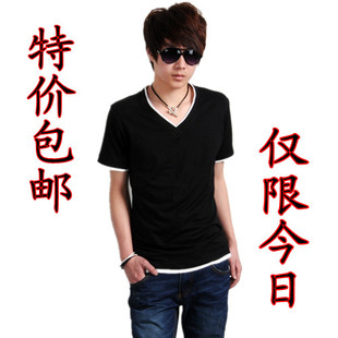  美特斯邦威款式韩版男装夏装新款时尚修身V领纯棉男士短袖T恤