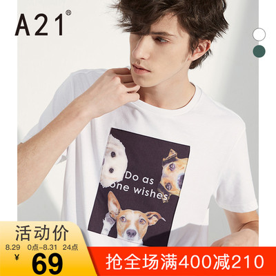 A21夏季2019新款学院风上衣男潮牌 圆领男装短袖T恤印花男士衣服
