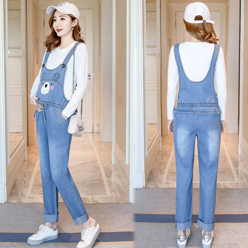 孕妇牛仔背带裤春薄款宽松纯棉九分裤时尚潮妈直筒浅色休闲托腹裤|ruв категории Всё для беременных и кормящих, брюки для беременных женщин/опорный брюшной брюки, женские брюки с бретелями - от Buy2taobao.com для оказания профессиональной услуги покупки агента Taobao