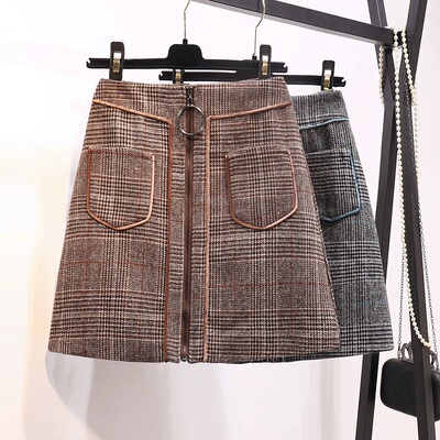 2018秋冬新款韩版高腰大码格子毛呢半身裙显瘦a字短裙包臀裙女潮