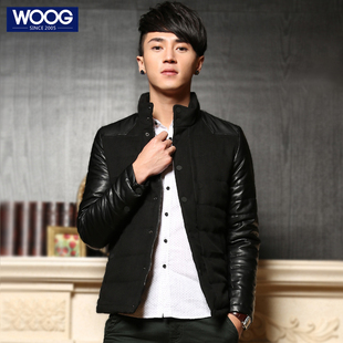  WOOG韩版男装冬装新款男士棉服立领修身pu皮加厚棉衣潮男外套