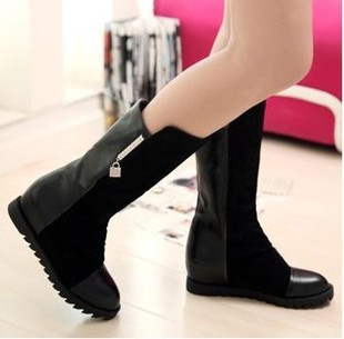  春秋冬季短靴骑士靴中跟春秋冬季内增高套筒圆头中筒靴女靴子女鞋