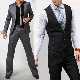  男式秋冬装韩版 金属时尚 休闲 修身 小 西服套装 三件套 免烫
