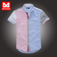 Summer new Korean men's short-sleeved shirt Slim hit the color stitching influx of men retro cotton shirt big yards