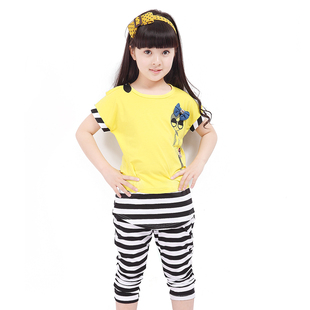  新款韩版童装女童衣服夏装儿童短袖中大童休闲条纹套装纯棉